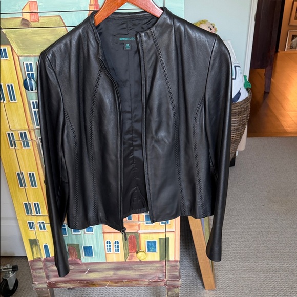 Siena Studio Jackets & Blazers - Siena Studio Black Leather Open-Front Jacket with Decorative Stitching
